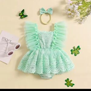 Baby minty green pompom romper